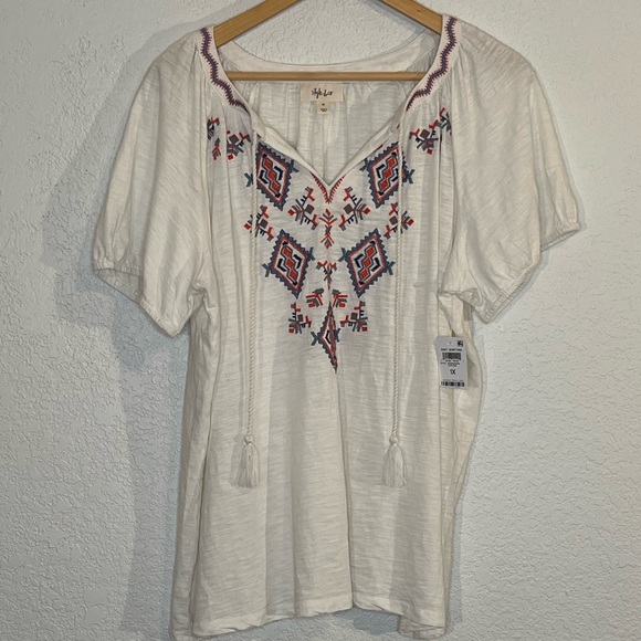 NWT Style&Co boho balloon sleeve embroidered lightweight peasant top Gypsy Cotto - Picture 1 of 7